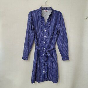 Kayce Hughes Dress Womens 10 Blue Links Long Sleeve Ruffled Shirt Dress Belted‎